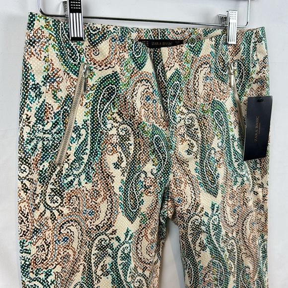ZARA Paisley‎ Print Cropped Beige Aqua Pants Size M - New with Tags - Picture 4 of 12